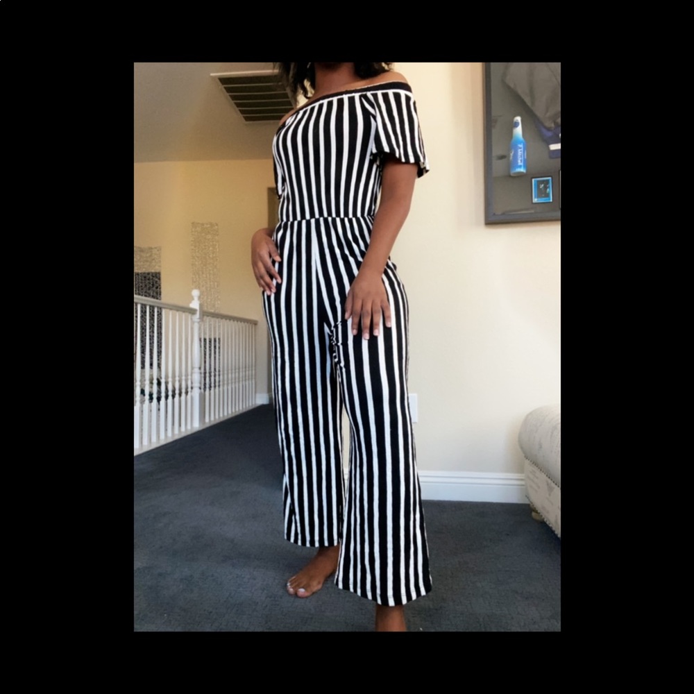 Black and white striped jump suit